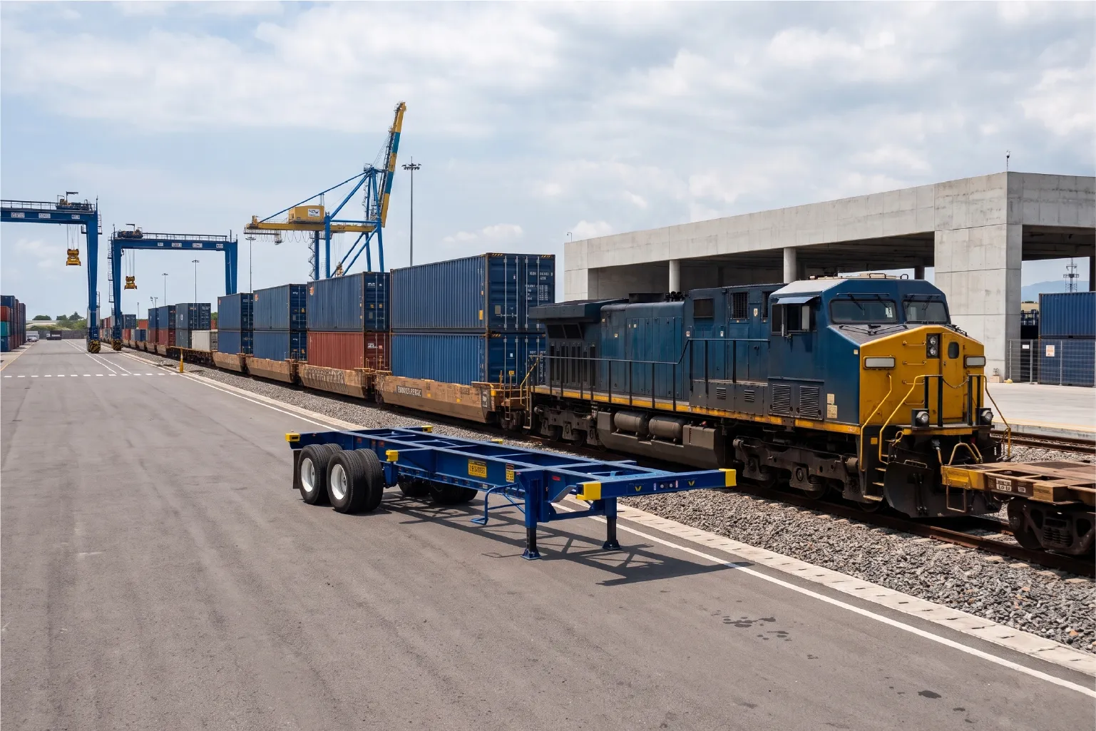 Transporte intermodal México: portacontenedor JJ Forza con contenedor junto a un tren de carga en terminal
